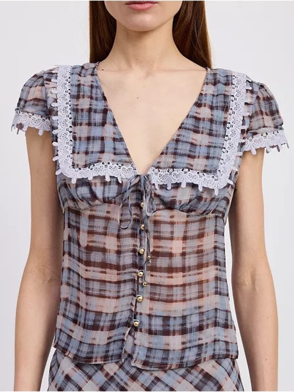 En Saison Brown and Light Blue Plaid Tie-Front Lace Trim Top